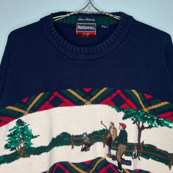 Vintage 90s Hathaway Size XL Navy Embroidered Golf Sweater Mens Hand Intarsia - Picture 3 of 10